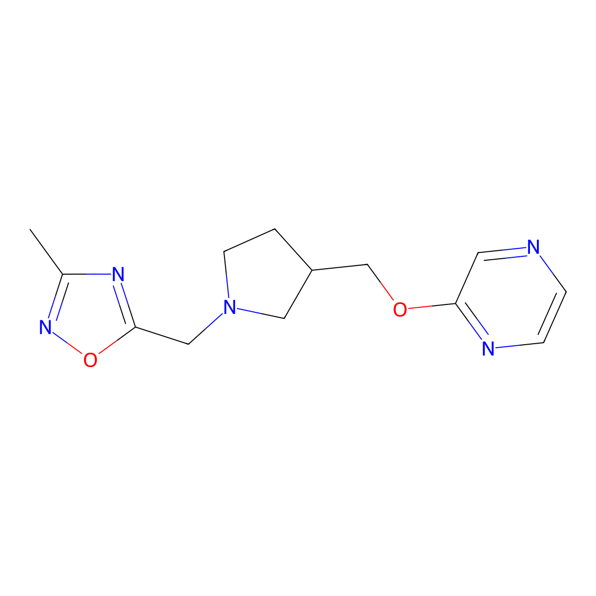 2-({1-[(3-Methyl-1,2,4-oxadiazol-5-yl)methyl]pyrrolidin-3-yl}methoxy)pyrazine molecular structure, CAS 2770634-85-8