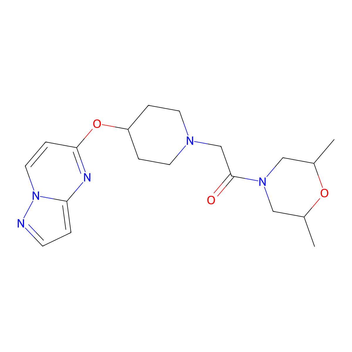1-(2,6-Dimethylmorpholin-4-yl)-2-(4-{pyrazolo[1,5-a]pyrimidin-5-yloxy}piperidin-1-yl)ethan-1-one molecular structure, CAS 2770634-86-9
