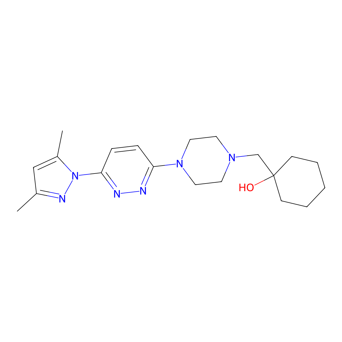 1-({4-[6-(3,5-dimethyl-1H-pyrazol-1-yl)pyridazin-3-yl]piperazin-1-yl}methyl)cyclohexan-1-ol molecular structure, CAS 2770634-91-6