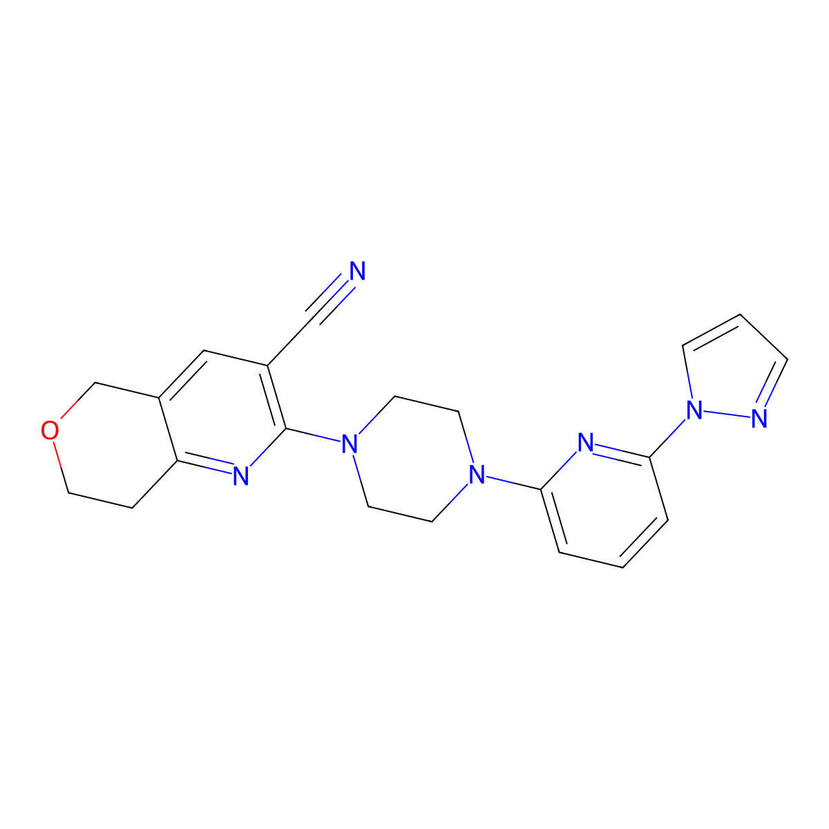 2-{4-[6-(1H-pyrazol-1-yl)pyridin-2-yl]piperazin-1-yl}-5H,7H,8H-pyrano[4,3-b]pyridine-3-carbonitrile molecular structure, CAS 2770634-98-3