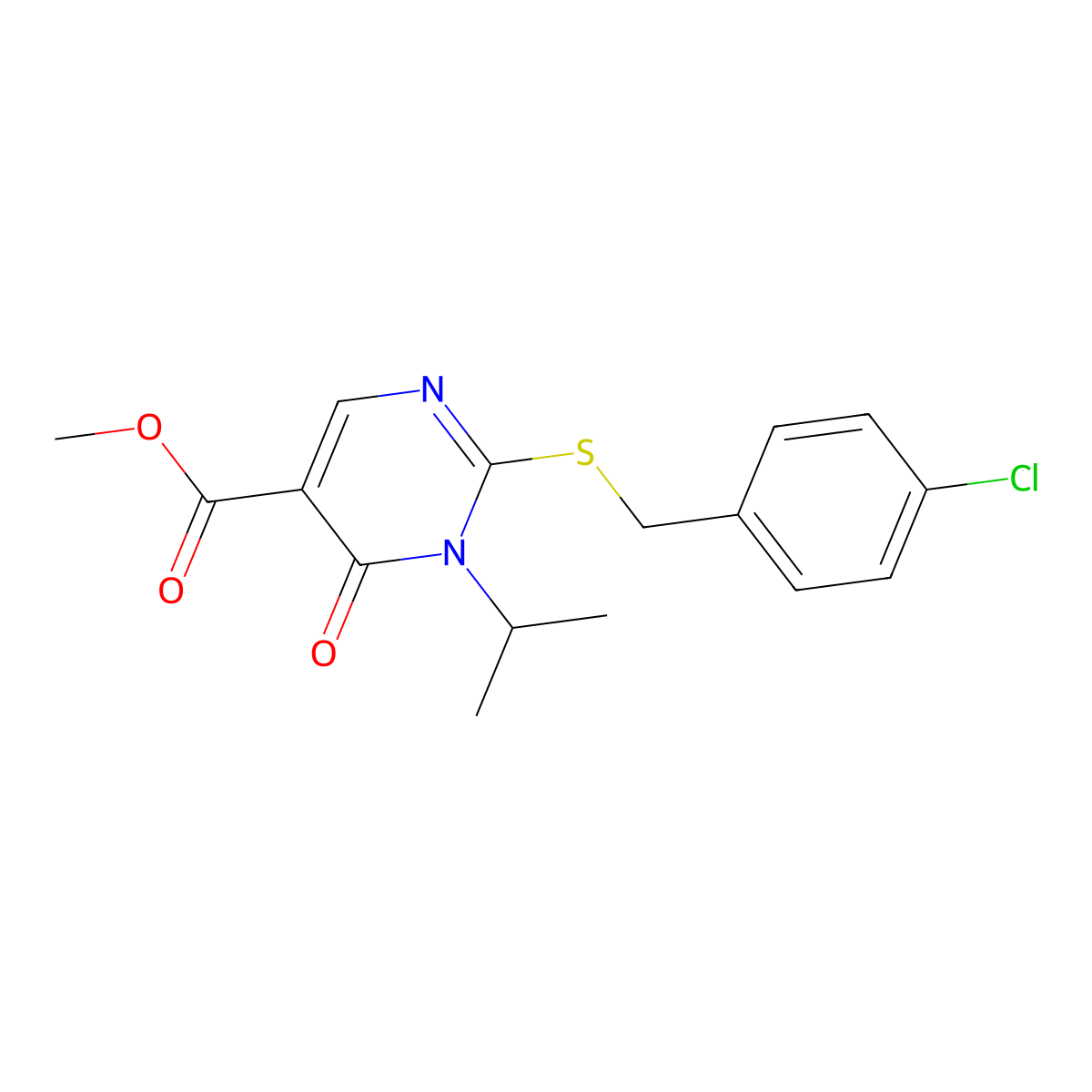 Methyl 2-{[(4-chlorophenyl)methyl]sulfanyl}-6-oxo-1-(propan-2-yl)-1,6-dihydropyrimidine-5-carboxylate molecular structure, CAS 2770635-03-3