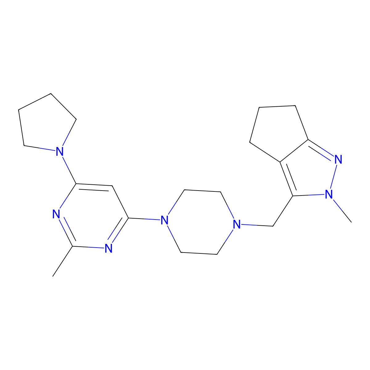 2-methyl-4-[4-({2-methyl-2H,4H,5H,6H-cyclopenta[c]pyrazol-3-yl}methyl)piperazin-1-yl]-6-(pyrrolidin-1-yl)pyrimidine molecular structure, CAS 2770635-04-4
