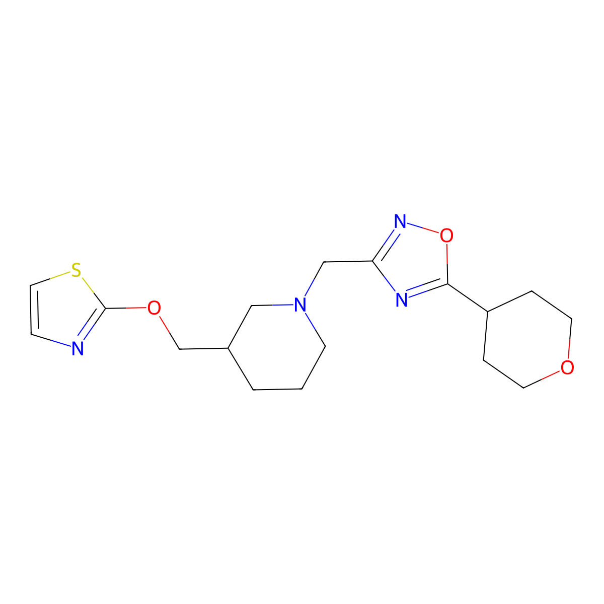 1-{[5-(Oxan-4-yl)-1,2,4-oxadiazol-3-yl]methyl}-3-[(1,3-thiazol-2-yloxy)methyl]piperidine molecular structure, CAS 2770635-05-5
