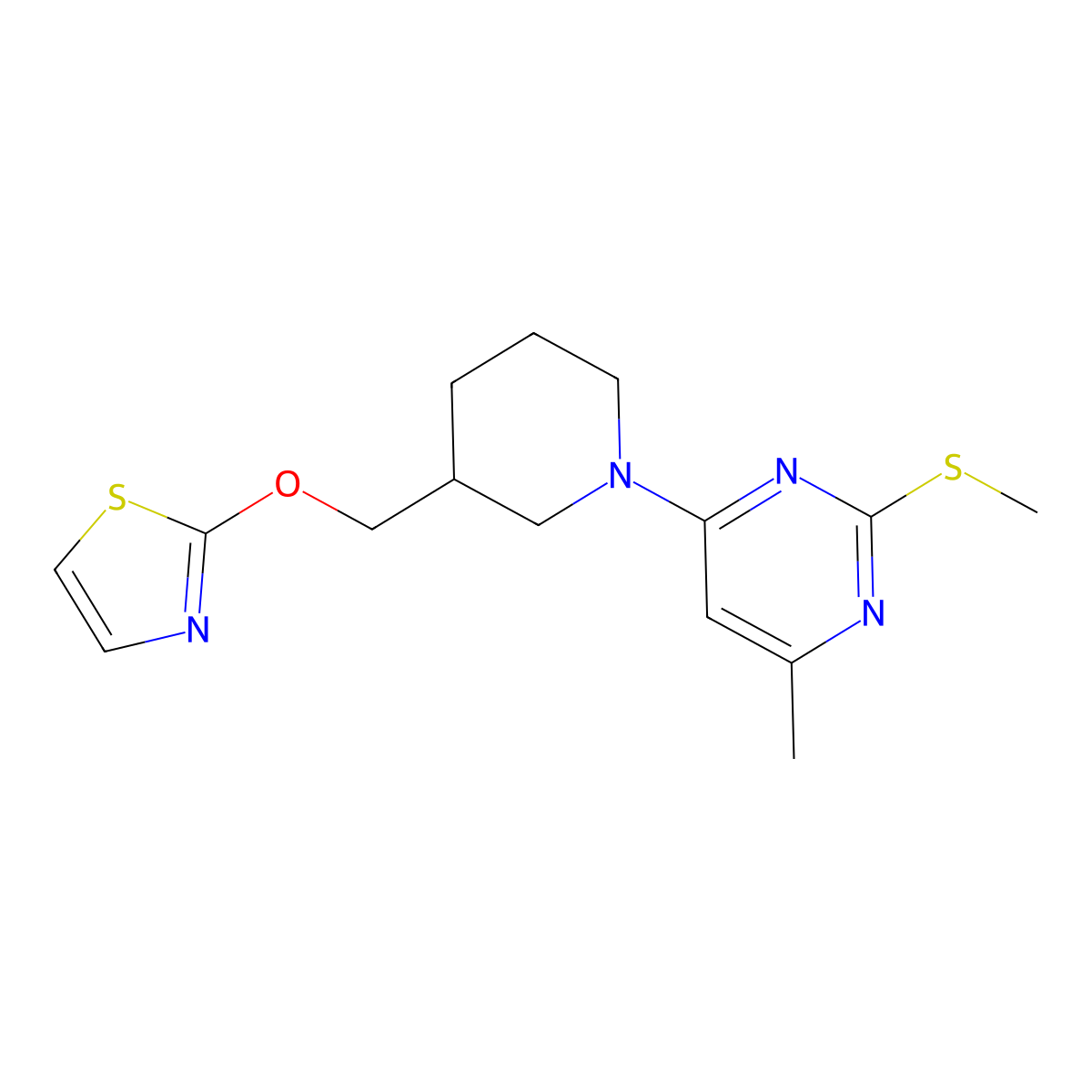 4-Methyl-2-(methylsulfanyl)-6-{3-[(1,3-thiazol-2-yloxy)methyl]piperidin-1-yl}pyrimidine molecular structure, CAS 2770635-12-4