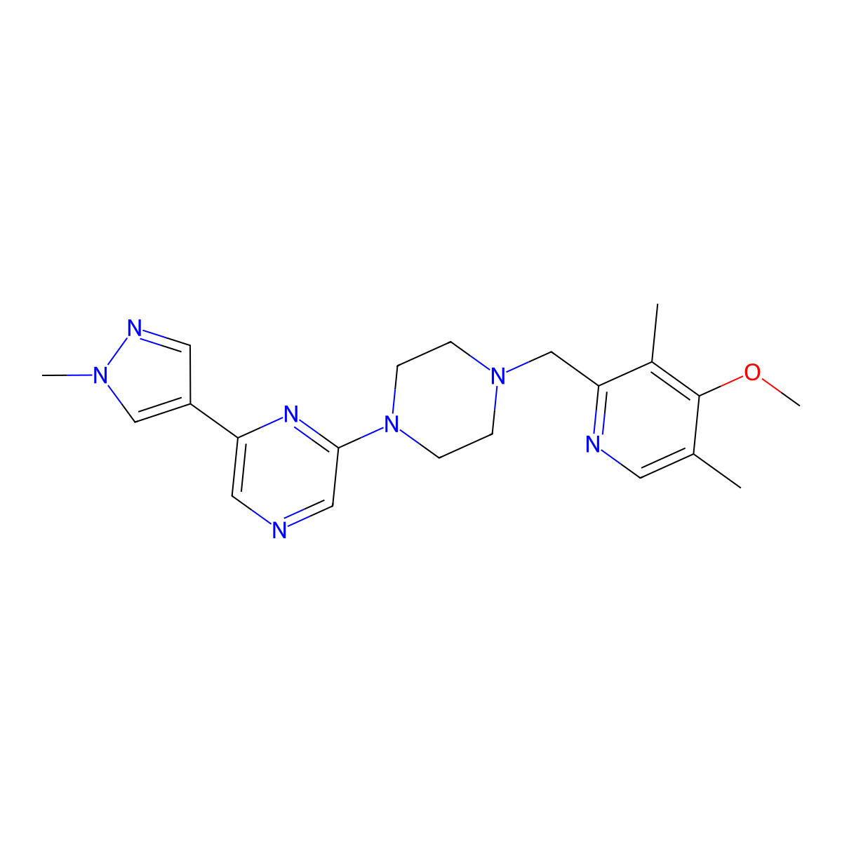 2-{4-[(4-methoxy-3,5-dimethylpyridin-2-yl)methyl]piperazin-1-yl}-6-(1-methyl-1H-pyrazol-4-yl)pyrazine molecular structure, CAS 2770635-17-9