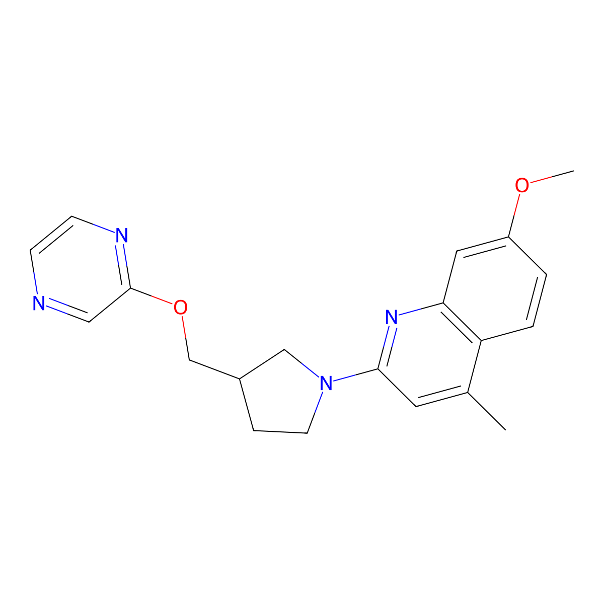 7-Methoxy-4-methyl-2-{3-[(pyrazin-2-yloxy)methyl]pyrrolidin-1-yl}quinoline molecular structure, CAS 2770635-18-0
