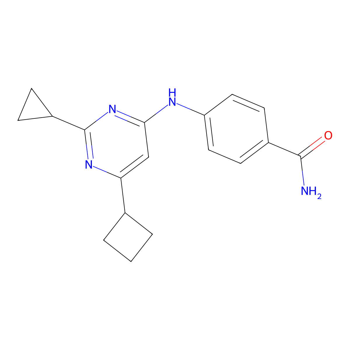 4-[(6-Cyclobutyl-2-cyclopropylpyrimidin-4-yl)amino]benzamide molecular structure, CAS 2770635-19-1