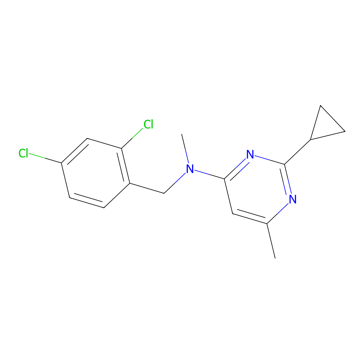 2-cyclopropyl-N-[(2,4-dichlorophenyl)methyl]-N,6-dimethylpyrimidin-4-amine molecular structure, CAS 2770635-25-9