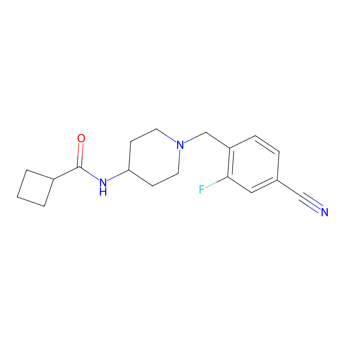 N-{1-[(4-cyano-2-fluorophenyl)methyl]piperidin-4-yl}cyclobutanecarboxamide molecular structure, CAS 2770635-31-7