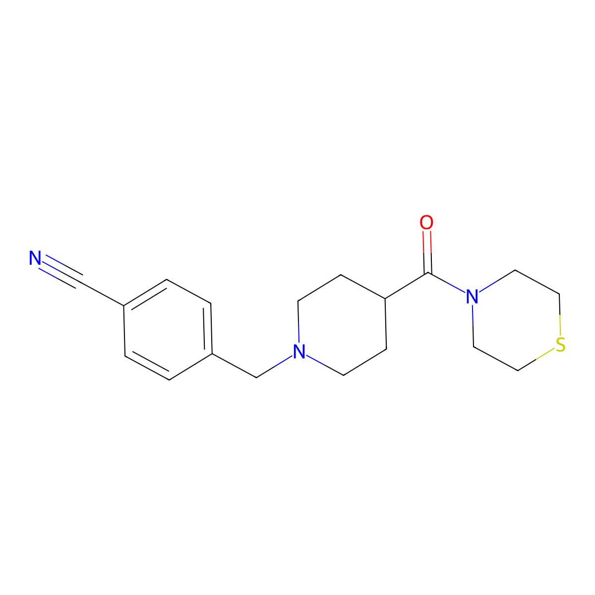 4-[[4-(Thiomorpholine-4-carbonyl)piperidin-1-yl]methyl]benzonitrile molecular structure, CAS 2770635-36-2