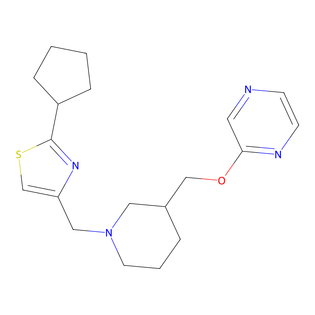 2-({1-[(2-Cyclopentyl-1,3-thiazol-4-yl)methyl]piperidin-3-yl}methoxy)pyrazine molecular structure, CAS 2770635-39-5