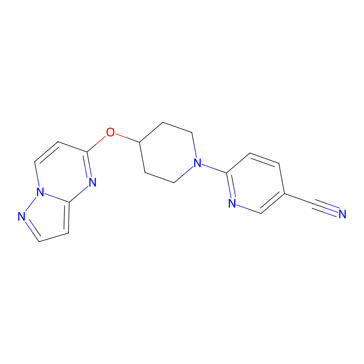 6-(4-{Pyrazolo[1,5-a]pyrimidin-5-yloxy}piperidin-1-yl)pyridine-3-carbonitrile molecular structure, CAS 2770635-47-5