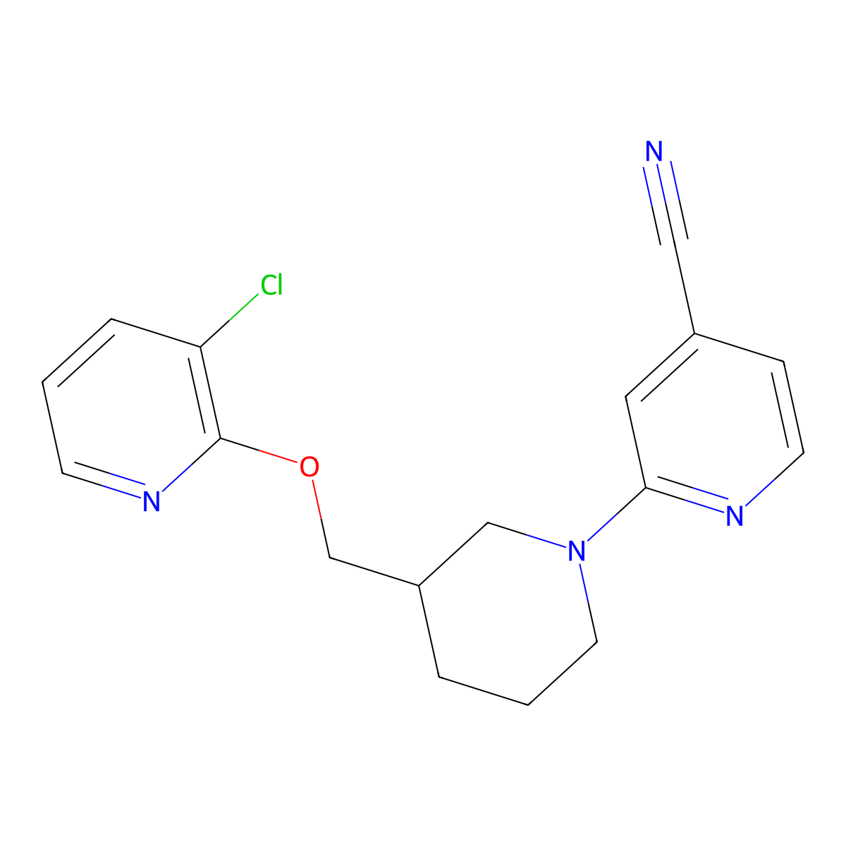 2-(3-{[(3-Chloropyridin-2-yl)oxy]methyl}piperidin-1-yl)pyridine-4-carbonitrile molecular structure, CAS 2770635-49-7