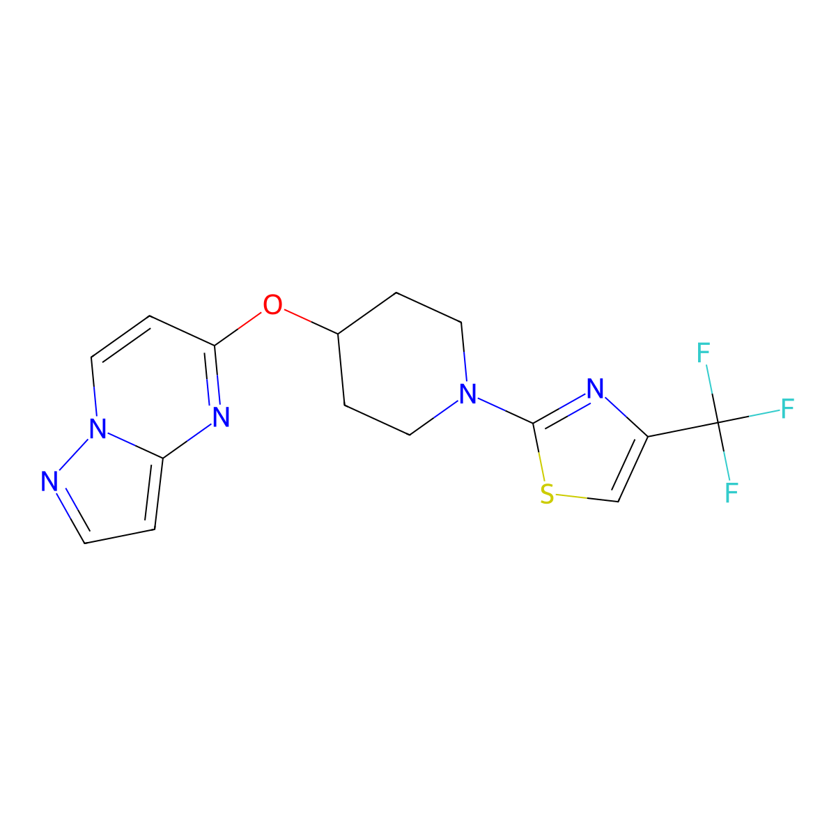 4-{Pyrazolo[1,5-a]pyrimidin-5-yloxy}-1-[4-(trifluoromethyl)-1,3-thiazol-2-yl]piperidine molecular structure, CAS 2770635-61-3