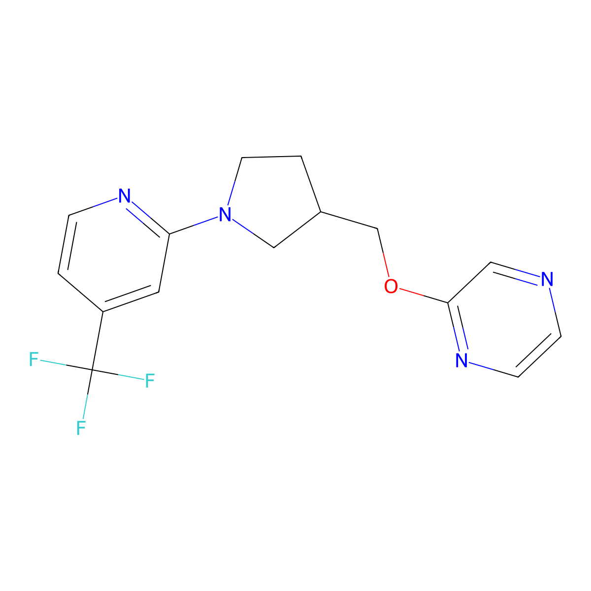 2-({1-[4-(Trifluoromethyl)pyridin-2-yl]pyrrolidin-3-yl}methoxy)pyrazine molecular structure, CAS 2770635-68-0