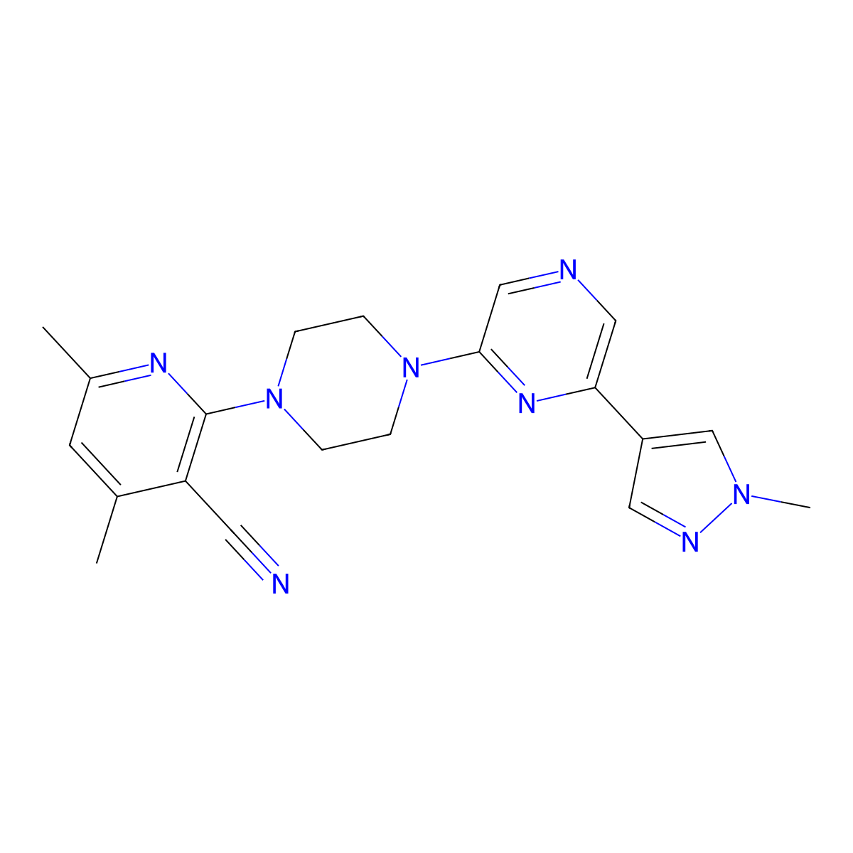 4,6-dimethyl-2-{4-[6-(1-methyl-1H-pyrazol-4-yl)pyrazin-2-yl]piperazin-1-yl}pyridine-3-carbonitrile molecular structure, CAS 2770635-69-1