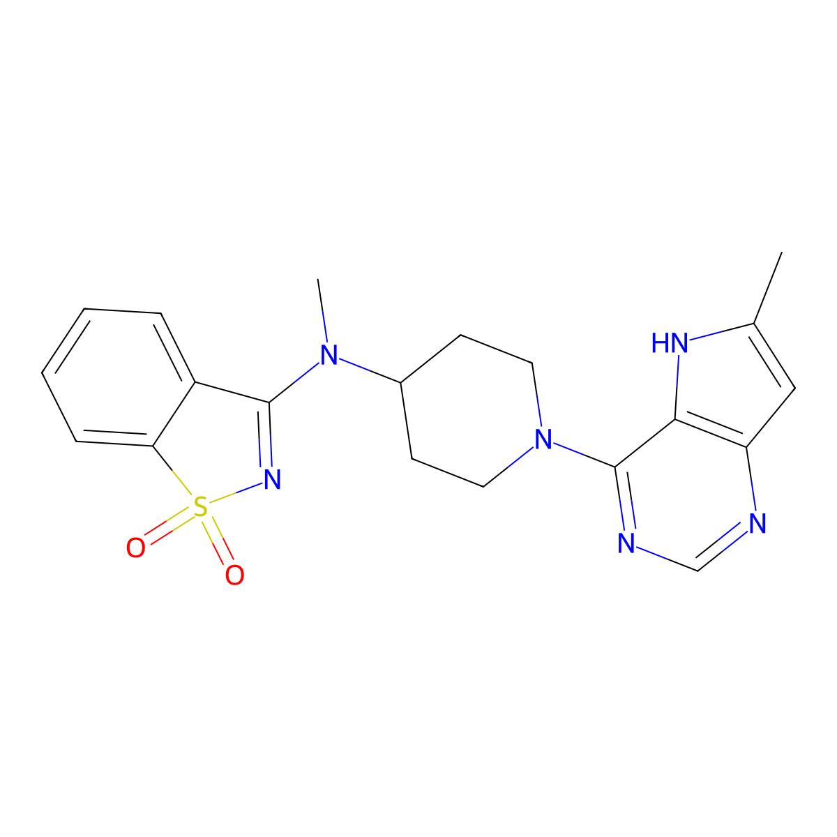 N-methyl-N-[1-(6-methyl-5H-pyrrolo[3,2-d]pyrimidin-4-yl)piperidin-4-yl]-1,1-dioxo-1,2-benzothiazol-3-amine molecular structure, CAS 2770635-72-6