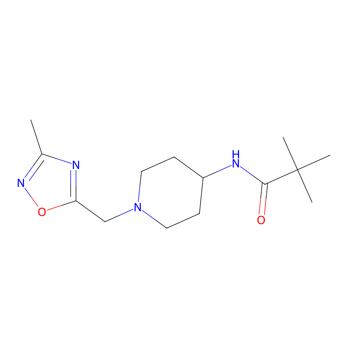 2,2-dimethyl-N-{1-[(3-methyl-1,2,4-oxadiazol-5-yl)methyl]piperidin-4-yl}propanamide molecular structure, CAS 2770635-73-7