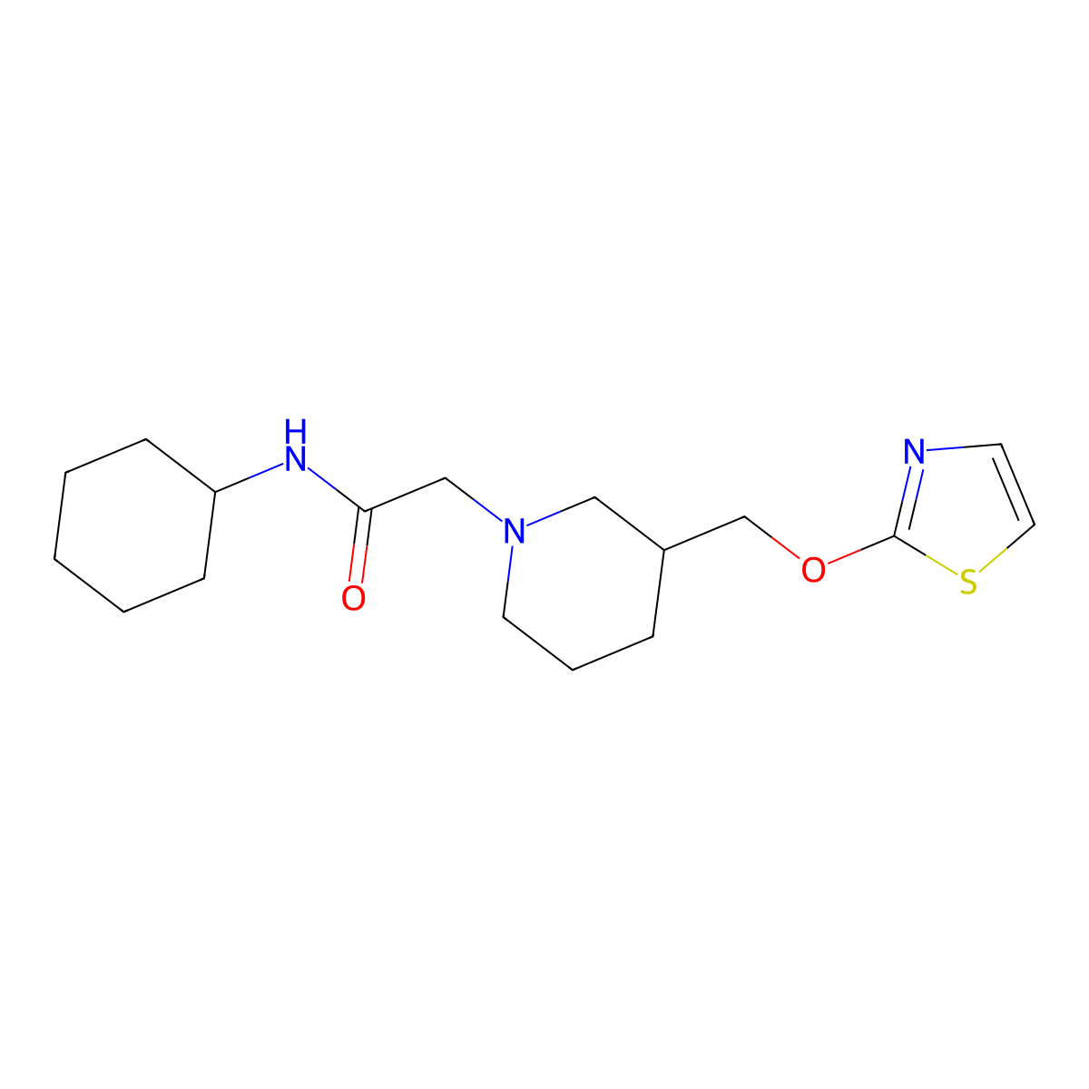 N-cyclohexyl-2-{3-[(1,3-thiazol-2-yloxy)methyl]piperidin-1-yl}acetamide molecular structure, CAS 2770635-84-0