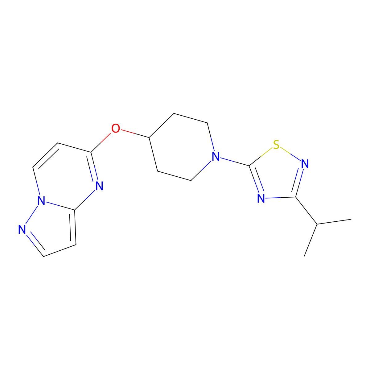 1-[3-(Propan-2-yl)-1,2,4-thiadiazol-5-yl]-4-{pyrazolo[1,5-a]pyrimidin-5-yloxy}piperidine molecular structure, CAS 2770635-86-2