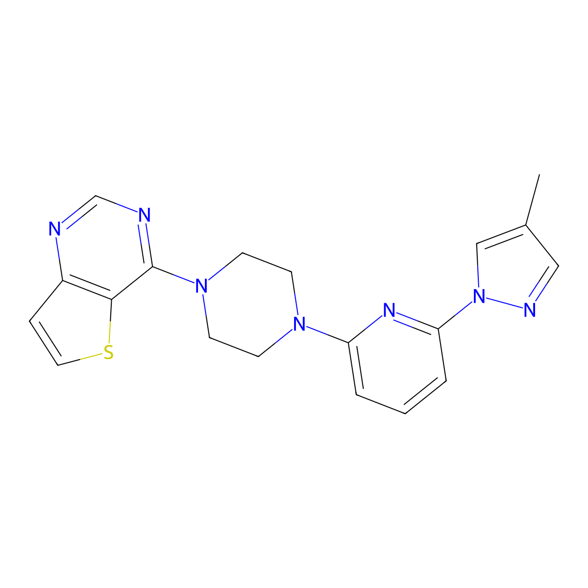 1-[6-(4-methyl-1H-pyrazol-1-yl)pyridin-2-yl]-4-{thieno[3,2-d]pyrimidin-4-yl}piperazine molecular structure, CAS 2770635-91-9