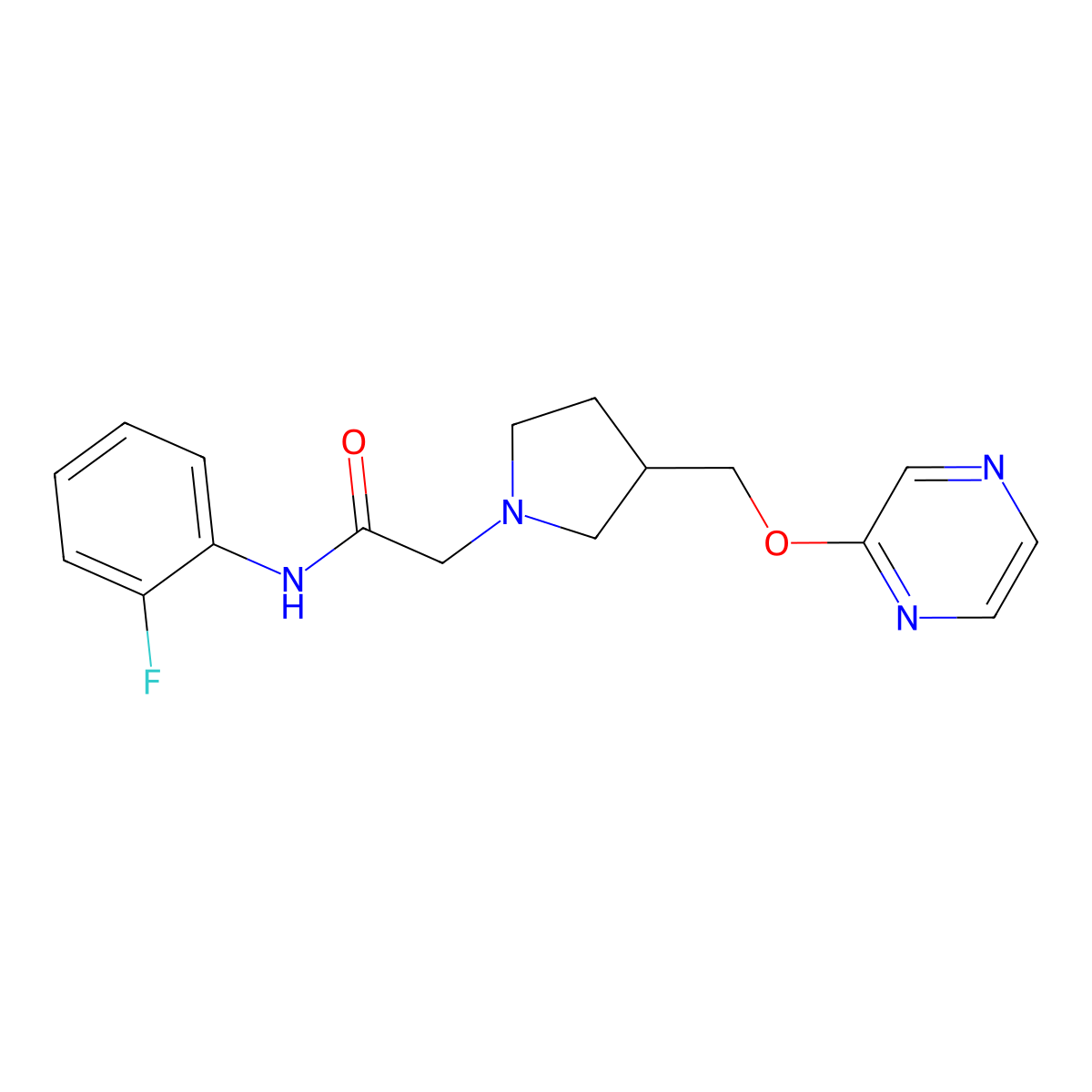 N-(2-fluorophenyl)-2-{3-[(pyrazin-2-yloxy)methyl]pyrrolidin-1-yl}acetamide molecular structure, CAS 2770635-92-0