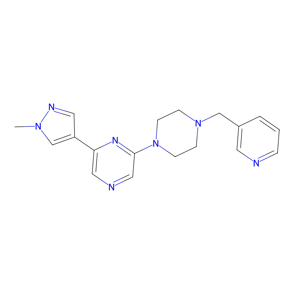 2-(1-methyl-1H-pyrazol-4-yl)-6-{4-[(pyridin-3-yl)methyl]piperazin-1-yl}pyrazine molecular structure, CAS 2770635-93-1