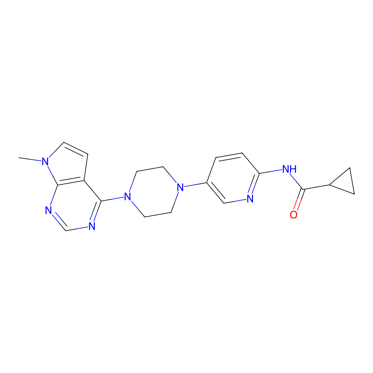 N-[5-(4-{7-methyl-7H-pyrrolo[2,3-d]pyrimidin-4-yl}piperazin-1-yl)pyridin-2-yl]cyclopropanecarboxamide molecular structure, CAS 2770635-94-2