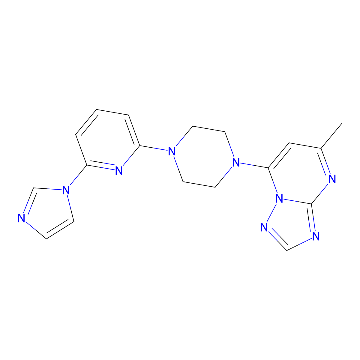 1-[6-(1H-imidazol-1-yl)pyridin-2-yl]-4-{5-methyl-[1,2,4]triazolo[1,5-a]pyrimidin-7-yl}piperazine molecular structure, CAS 2770635-96-4