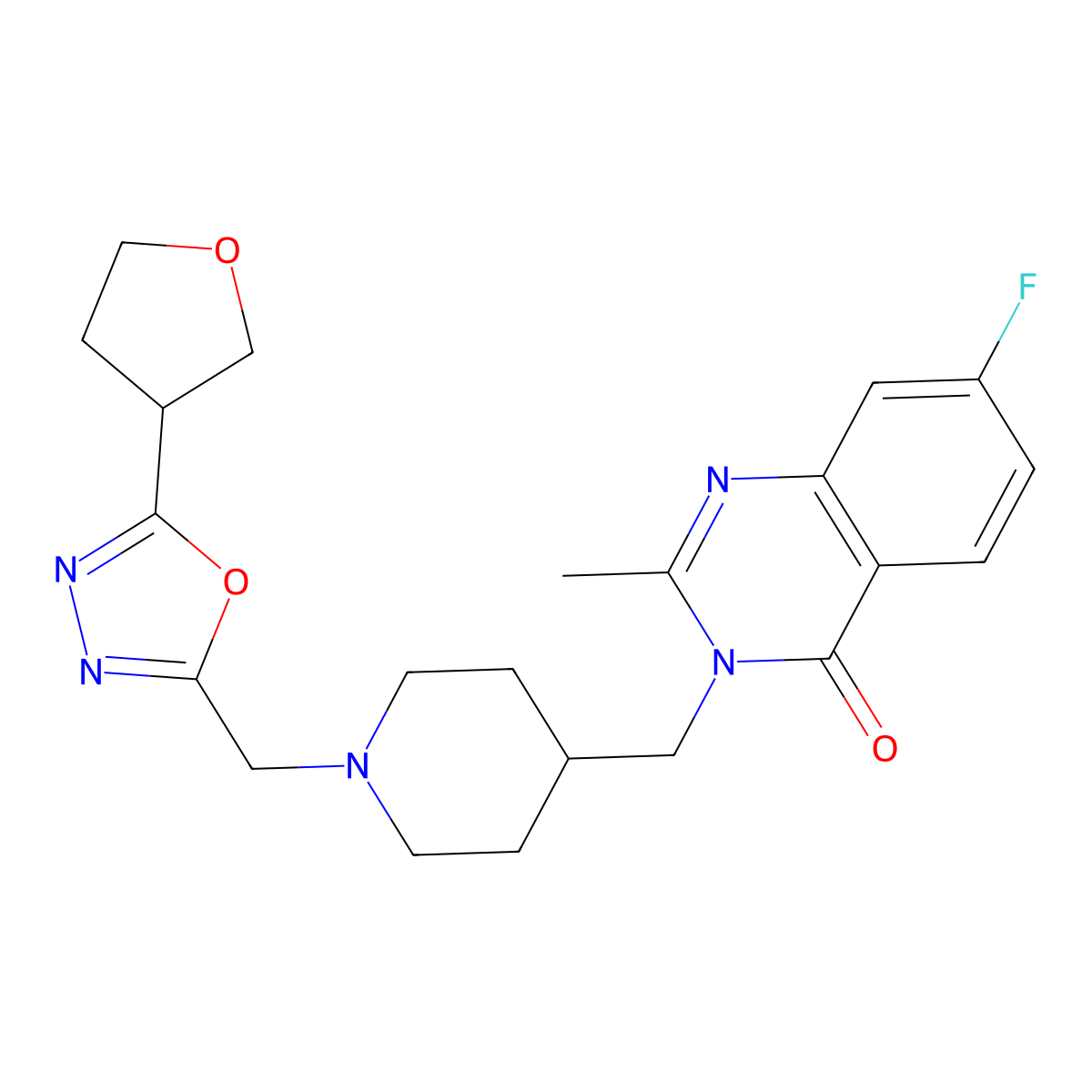 7-Fluoro-2-methyl-3-[(1-{[5-(oxolan-3-yl)-1,3,4-oxadiazol-2-yl]methyl}piperidin-4-yl)methyl]-3,4-dihydroquinazolin-4-one molecular structure, CAS 2770635-99-7