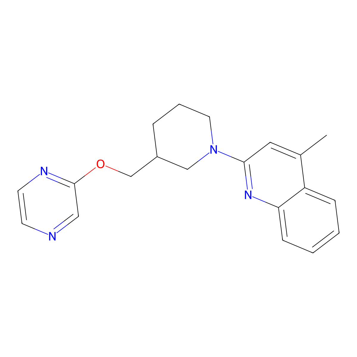 4-Methyl-2-{3-[(pyrazin-2-yloxy)methyl]piperidin-1-yl}quinoline molecular structure, CAS 2770636-03-6
