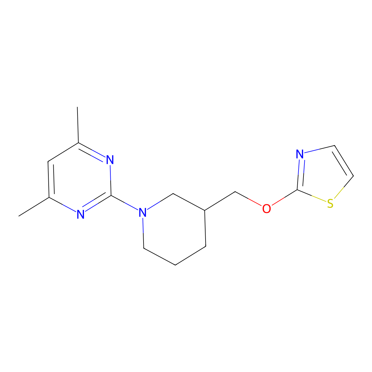 4,6-Dimethyl-2-{3-[(1,3-thiazol-2-yloxy)methyl]piperidin-1-yl}pyrimidine molecular structure, CAS 2770636-04-7