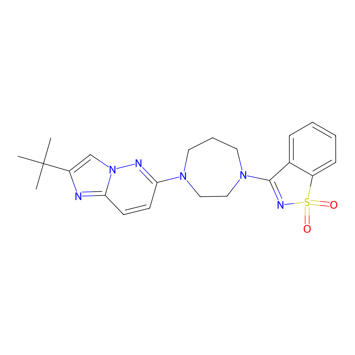 3-[4-(2-Tert-butylimidazo[1,2-b]pyridazin-6-yl)-1,4-diazepan-1-yl]-1,2-benzothiazole 1,1-dioxide molecular structure, CAS 2770636-05-8