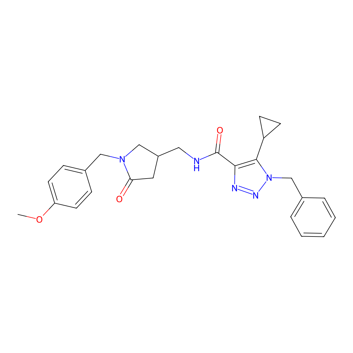 1-benzyl-5-cyclopropyl-N-({1-[(4-methoxyphenyl)methyl]-5-oxopyrrolidin-3-yl}methyl)-1H-1,2,3-triazole-4-carboxamide molecular structure, CAS 2770636-06-9