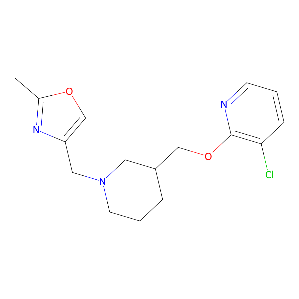 3-Chloro-2-({1-[(2-methyl-1,3-oxazol-4-yl)methyl]piperidin-3-yl}methoxy)pyridine molecular structure, CAS 2770636-09-2