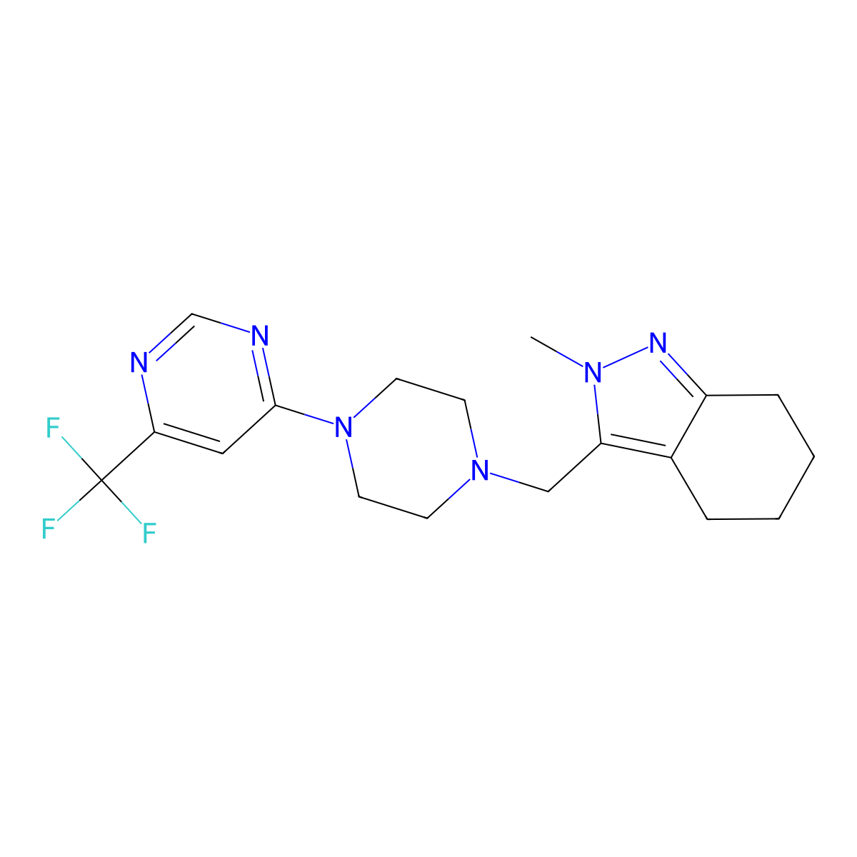 2-methyl-3-({4-[6-(trifluoromethyl)pyrimidin-4-yl]piperazin-1-yl}methyl)-4,5,6,7-tetrahydro-2H-indazole molecular structure, CAS 2770636-13-8