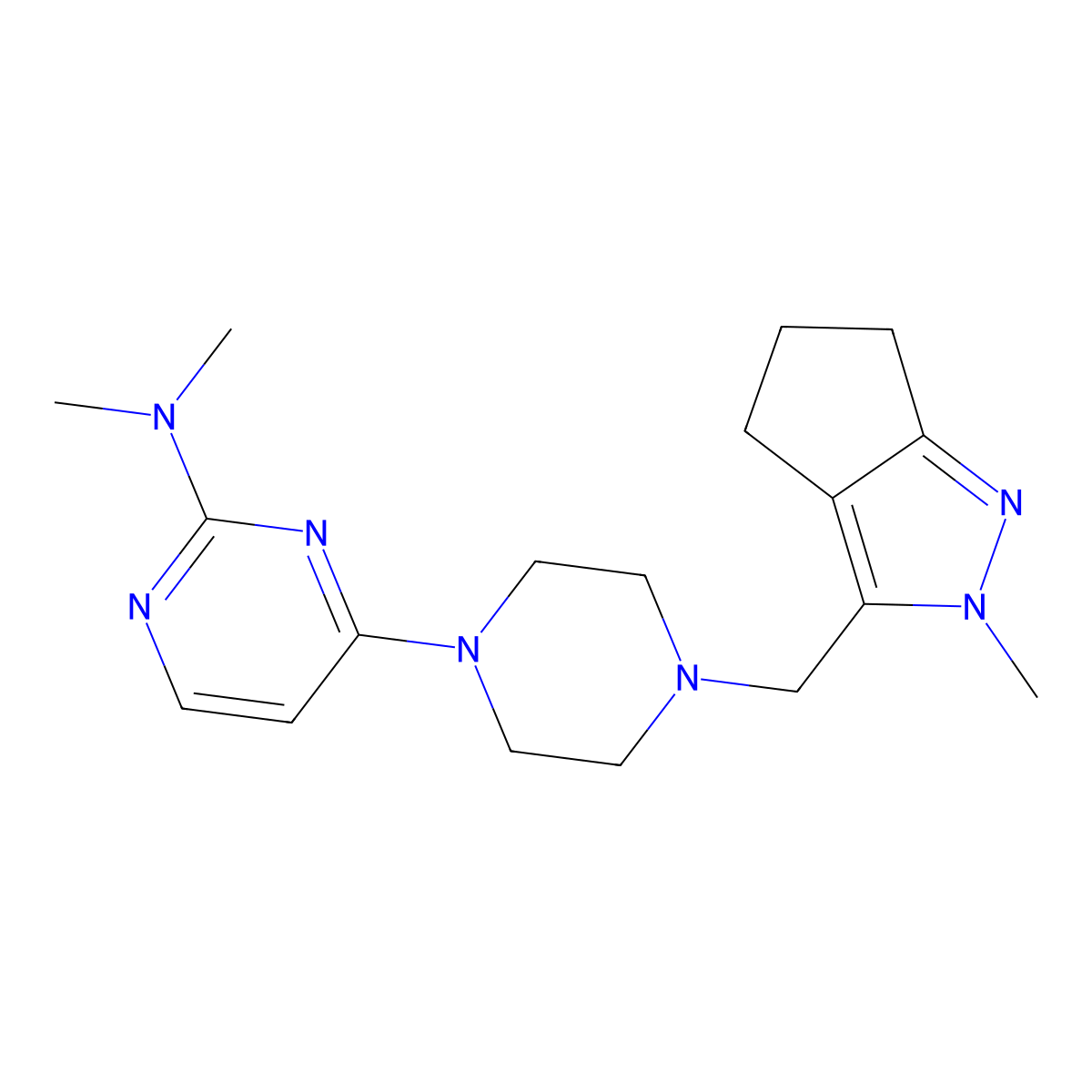 N,N-dimethyl-4-[4-({2-methyl-2H,4H,5H,6H-cyclopenta[c]pyrazol-3-yl}methyl)piperazin-1-yl]pyrimidin-2-amine molecular structure, CAS 2770636-15-0