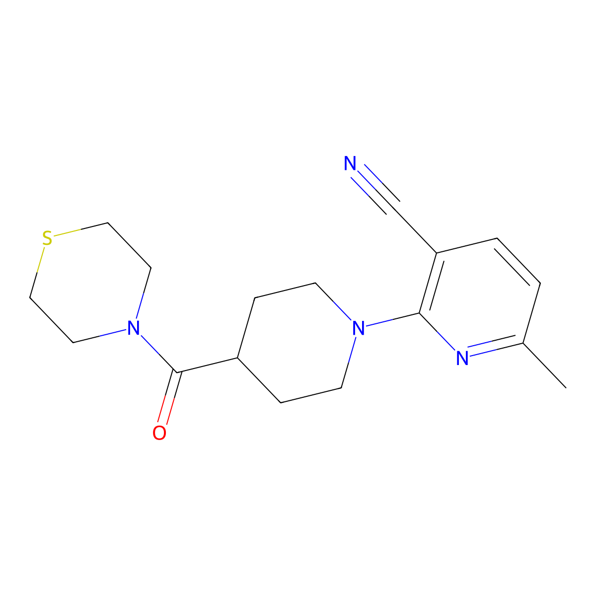 6-Methyl-2-[4-(thiomorpholine-4-carbonyl)piperidin-1-yl]pyridine-3-carbonitrile molecular structure, CAS 2770636-17-2