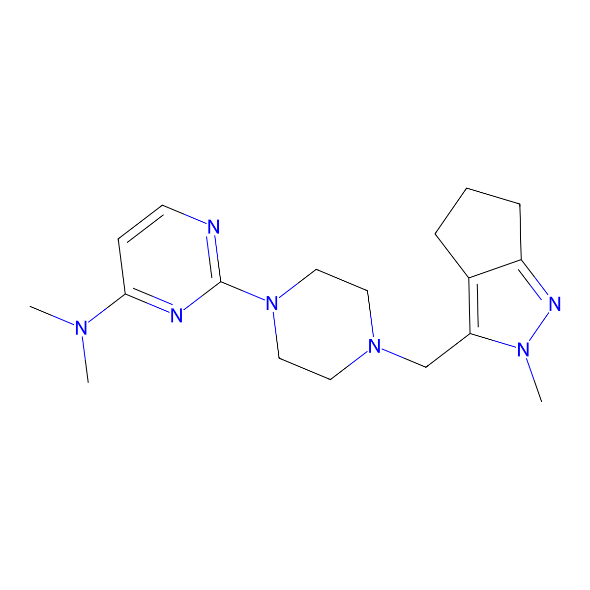 N,N-dimethyl-2-[4-({2-methyl-2H,4H,5H,6H-cyclopenta[c]pyrazol-3-yl}methyl)piperazin-1-yl]pyrimidin-4-amine molecular structure, CAS 2770636-18-3