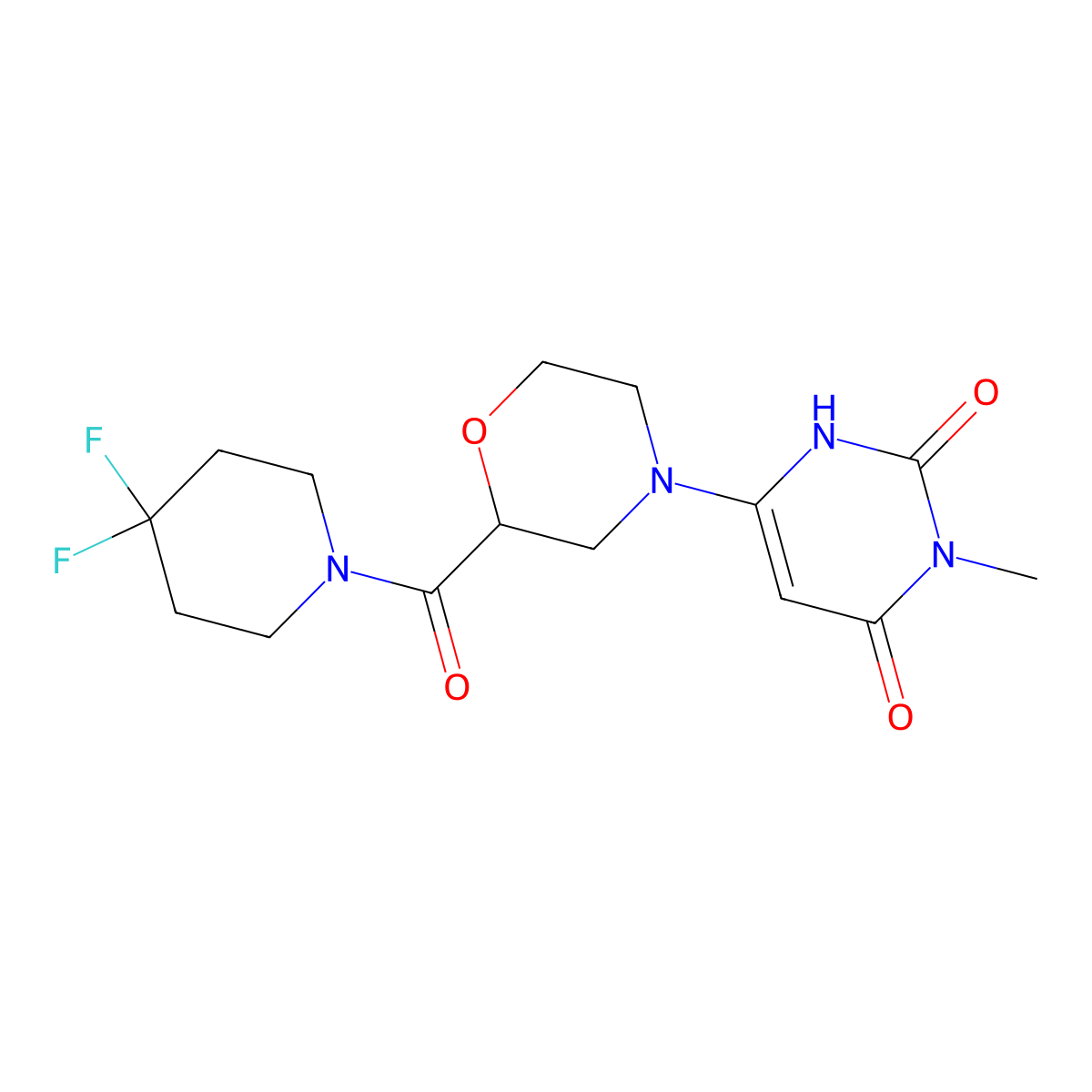 6-[2-(4,4-Difluoropiperidine-1-carbonyl)morpholin-4-yl]-3-methyl-1,2,3,4-tetrahydropyrimidine-2,4-dione molecular structure, CAS 2770636-24-1
