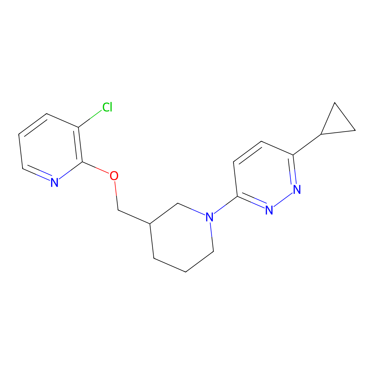 3-(3-{[(3-Chloropyridin-2-yl)oxy]methyl}piperidin-1-yl)-6-cyclopropylpyridazine molecular structure, CAS 2770636-38-7