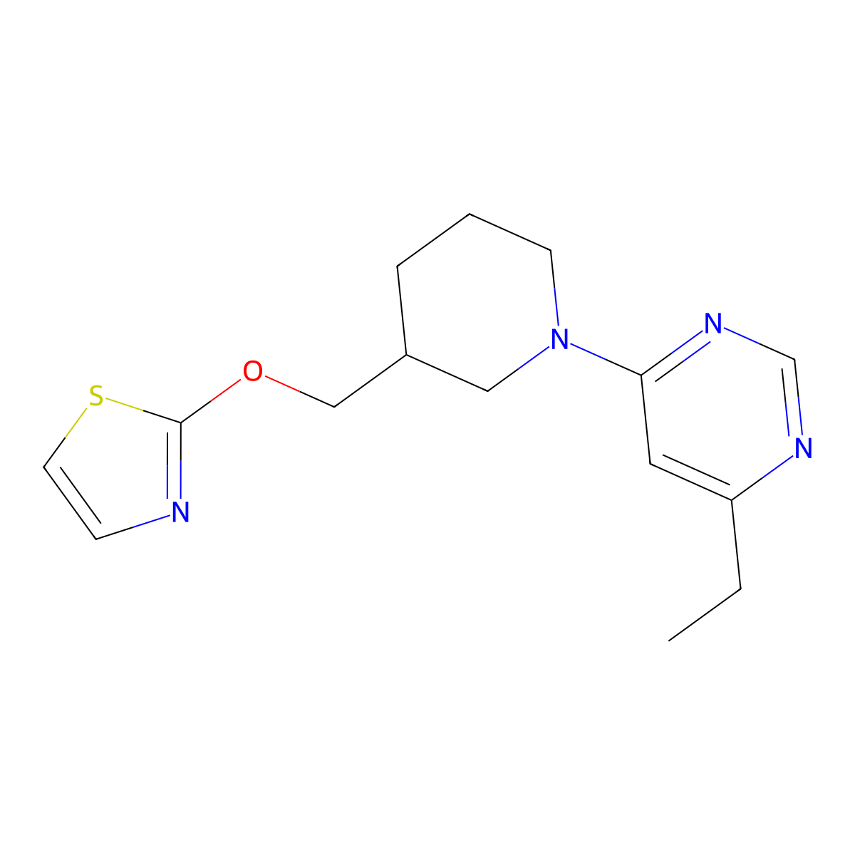 4-Ethyl-6-{3-[(1,3-thiazol-2-yloxy)methyl]piperidin-1-yl}pyrimidine molecular structure, CAS 2770636-41-2