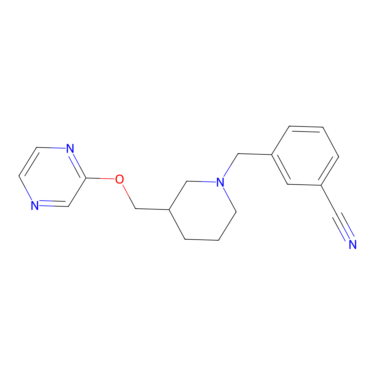 3-({3-[(Pyrazin-2-yloxy)methyl]piperidin-1-yl}methyl)benzonitrile molecular structure, CAS 2770636-49-0