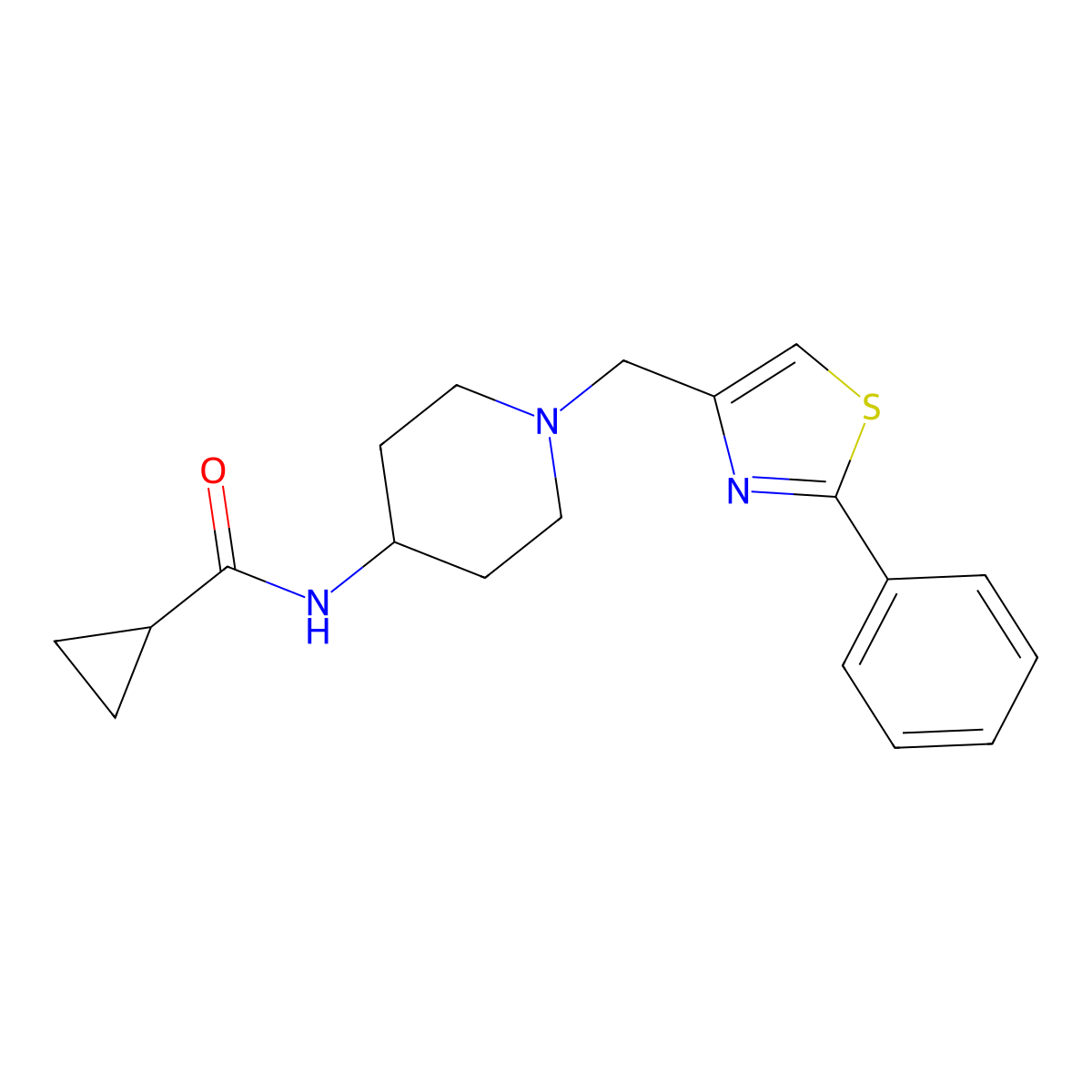 N-{1-[(2-phenyl-1,3-thiazol-4-yl)methyl]piperidin-4-yl}cyclopropanecarboxamide molecular structure, CAS 2770636-53-6