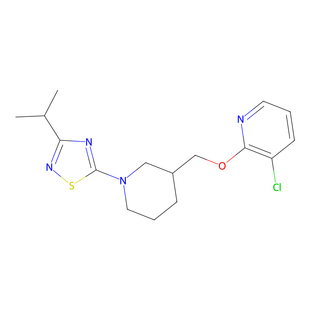 3-Chloro-2-({1-[3-(propan-2-yl)-1,2,4-thiadiazol-5-yl]piperidin-3-yl}methoxy)pyridine molecular structure, CAS 2770636-55-8