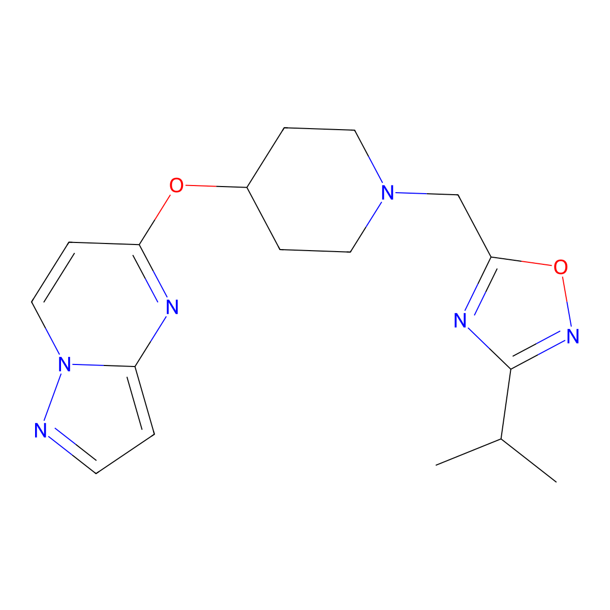 1-{[3-(Propan-2-yl)-1,2,4-oxadiazol-5-yl]methyl}-4-{pyrazolo[1,5-a]pyrimidin-5-yloxy}piperidine molecular structure, CAS 2770636-58-1