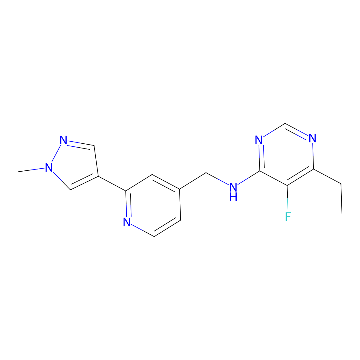 6-ethyl-5-fluoro-N-{[2-(1-methyl-1H-pyrazol-4-yl)pyridin-4-yl]methyl}pyrimidin-4-amine molecular structure, CAS 2770636-66-1
