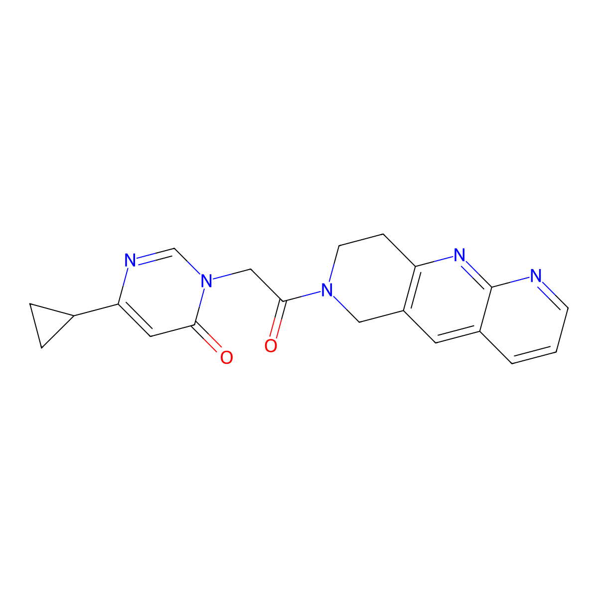 6-cyclopropyl-3-(2-oxo-2-{6H,7H,8H,9H-pyrido[2,3-b]1,6-naphthyridin-7-yl}ethyl)-3,4-dihydropyrimidin-4-one molecular structure, CAS 2770636-76-3