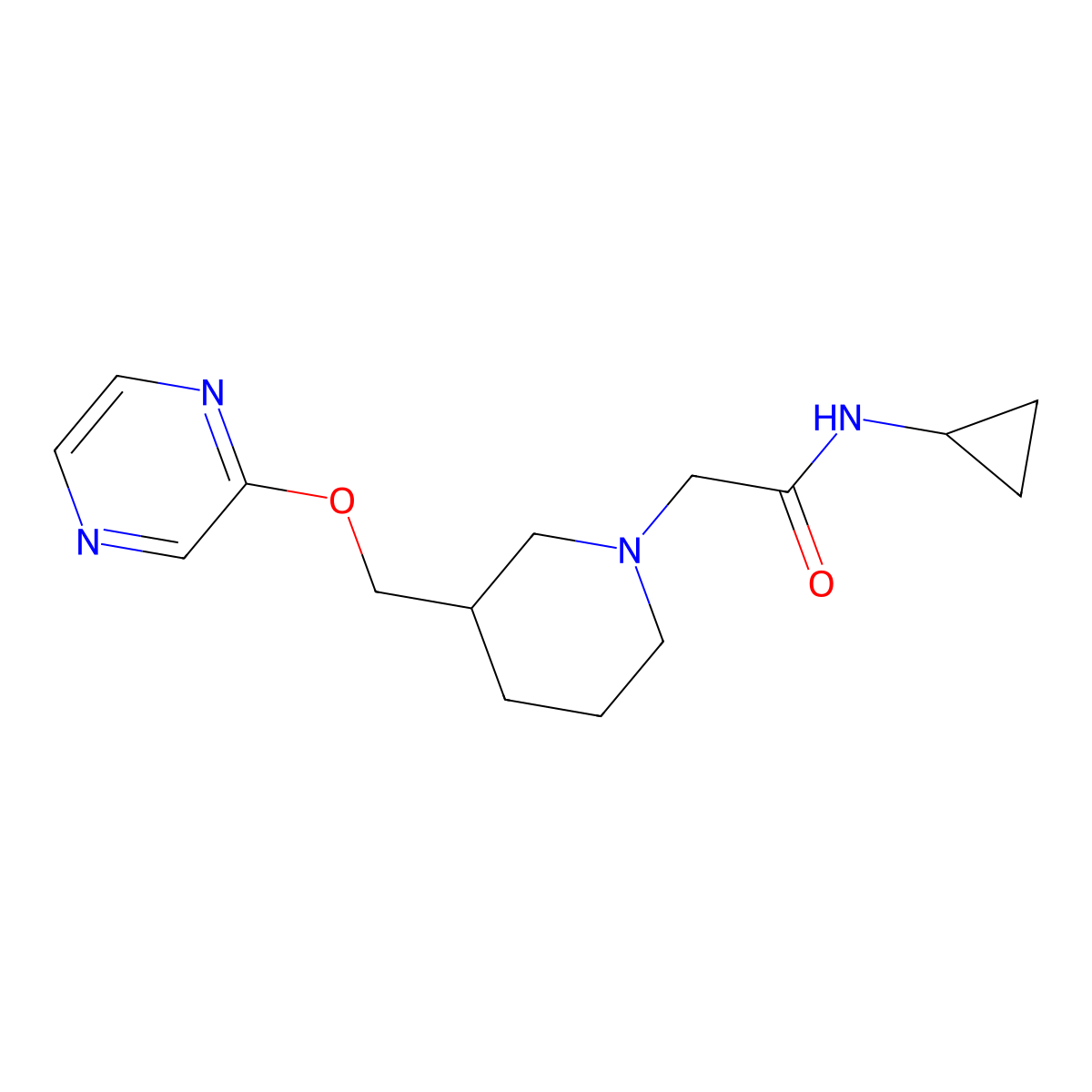 N-cyclopropyl-2-{3-[(pyrazin-2-yloxy)methyl]piperidin-1-yl}acetamide molecular structure, CAS 2770636-84-3