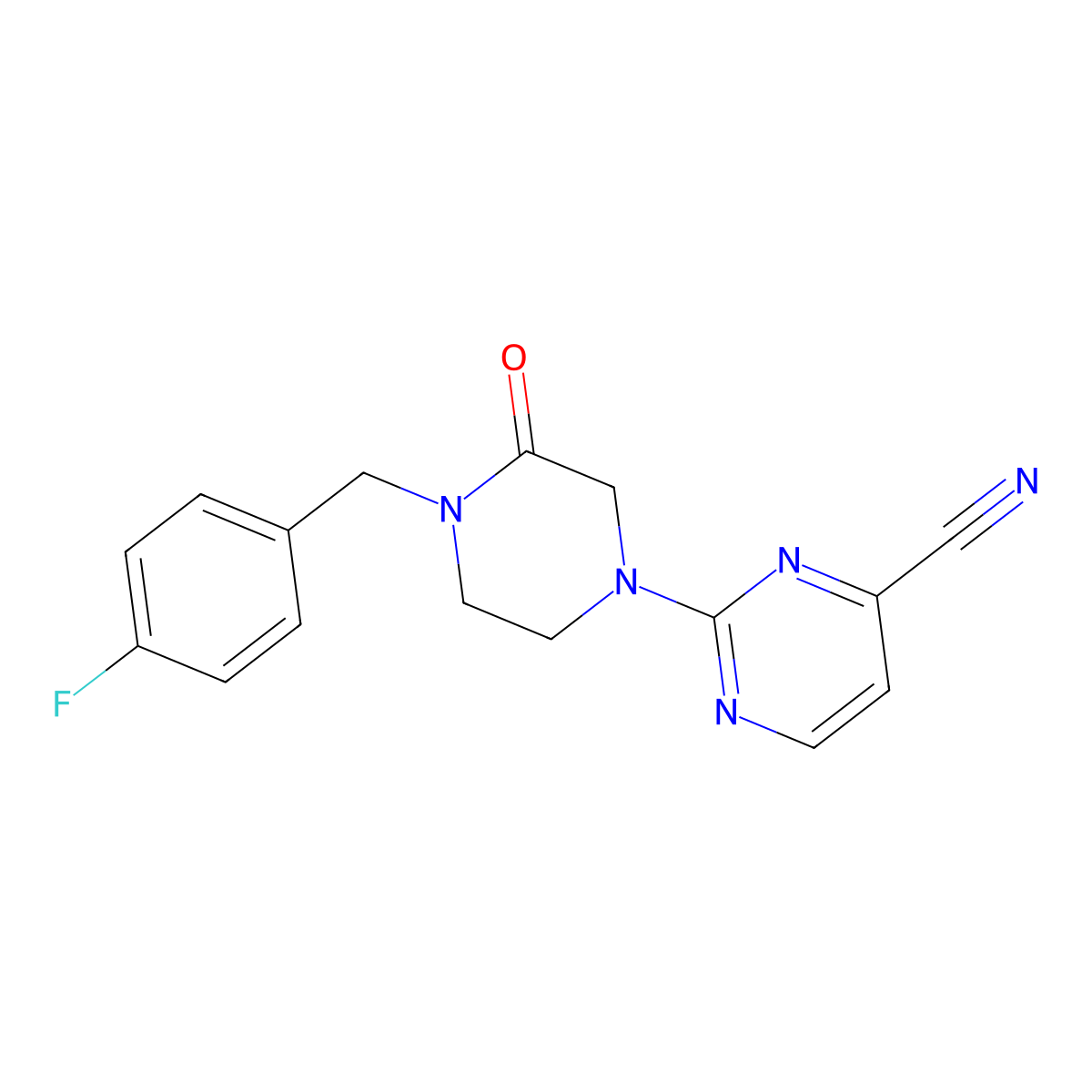 2-{4-[(4-Fluorophenyl)methyl]-3-oxopiperazin-1-yl}pyrimidine-4-carbonitrile molecular structure, CAS 2770636-89-8